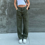 Kukombo Vintage Khaki Wide Leg Cargo Jeans High Waist Big Pockets Baggy Denim Trousers Casual Oversized Pants Street Sweatpants