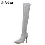 Christmas Gift Eilyken 2022 Fashion Runway Crystal Stretch Fabric Sock Boots Pointy Toe Over-the-Knee Heel Thigh High Pointed Toe Woman Boot
