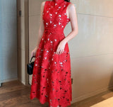 Kukombo Vintage Red Lace Dress Women Sleeveless Spring High Waisted Bodycon Dress Ladies Hollow Out Runway Party Clothing Woman