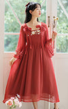 Kukombo French Retro Bow Sweet Embroidered Dress Women 2022 Summer Improved Hanfu Ladies Japanese Square Collar Elegant Gentle Kimono K148