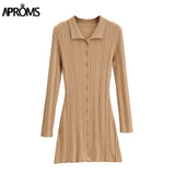 Christmas Gift Aproms Elegant Green Thick Ribbed Knitted Shirt Dress Women 2021 Winter Buttons Long Sleeve Stretch Bodycon Short Mini Dresses