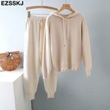 Christmas Gift 2 Pieces Set Women hooded sweater Tracksuit Turtleneck Sweater + Carrot Jogging Pants Pullover Sweater Set CHIC Knitted Outwear