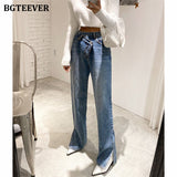 Christmas Gift BGTEEVER Casual Asymmetric High Waist Straight Jeans for Women Side Split Denim Blue Jeans Trousers Female Long Pantalon Femme