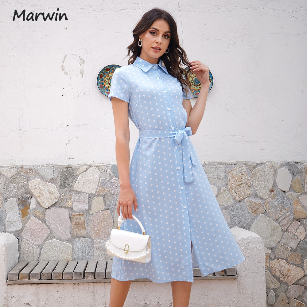 Christmas Gift Marwin Long Simple Casual Dot Dress With Belt Holiday Style High Waist Buttoned Fashion Mid-Calf Summer Dresses NEW Vestidos