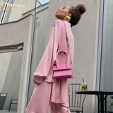 Kukombo Pink Satin High Waist Pants Set Women Elegant Long Sleeve Blouse Shirt Two Piece Pant Set Casual Wide Leg Trousers Suit