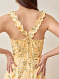 Kukombo Summer Top Spaghetti Strap Fashion Back Elastic Zipper Women Camis Vintage Yellow Tartan Floral Print Tank Top