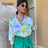 Kukombo Tie-dyed Satin Oversized Blouse Shirts Women Casual Long Sleeve Button Up Spring Autumn Tops Streetwear Blusa Mujer 2022