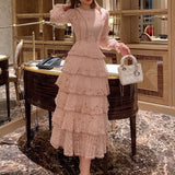 Kukombo Pink Lace Embroidery Maxi Dress Female Spring Winter Full Sleeve High Waist Ruffle Elegant Long Party Dresses Woman 2022