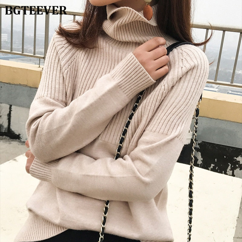 Christmas Gift BGTEEVER Vintage Thicken Striped Women Sweaters Autumn Winter Turtleneck Pullovers Jumpers Female Korean Knitted Tops femme 2019