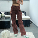 Kukombo Vintage Khaki Wide Leg Cargo Jeans High Waist Big Pockets Baggy Denim Trousers Casual Oversized Pants Street Sweatpants
