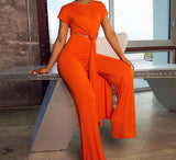 Kukombo Women Chic Two Piece Suits Solid Casual Short Sleeve Shirt and Wide Leg Pants Set