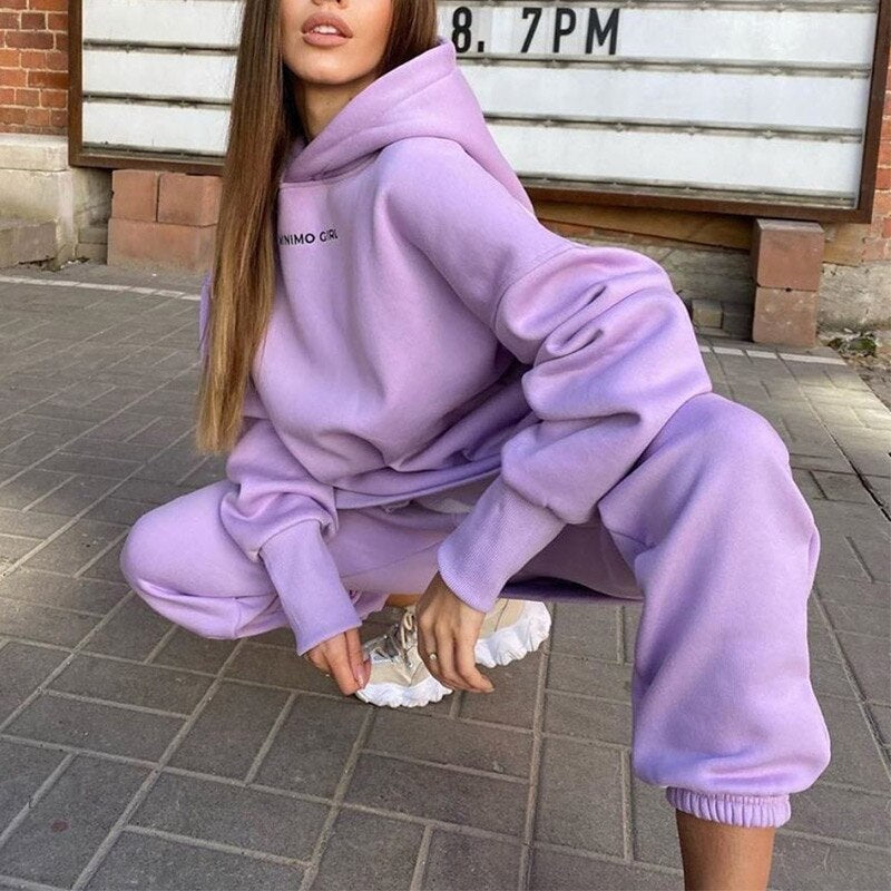 Christmas Gift Casual Women Fleece Hoodie Two Piece Sets Oversize Pullover Sweatshirt And Elastic Pencil Pant Suits Fashion Female Sport Outfit
