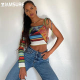 Kukombo Patchwork Asymmetrical T Shirt Women Ribbed Long Sleeve Knitted Crop Tops 2022 Fashion Casual Streetwear Harajuku Ladies