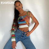 Kukombo Patchwork Asymmetrical T Shirt Women Ribbed Long Sleeve Knitted Crop Tops 2022 Fashion Casual Streetwear Harajuku Ladies