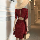 Kukombo New Style Korean-Style WOMEN's Wear French-Waist Hugging A- Line V-Neck Backless Short Sleeve Dress