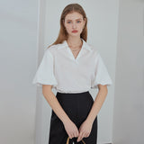 Christmas Gift FANSILANEN White Khaki V-neck French Lantern Sleeve Shirt Pullover White Short Sleeve Women Tops 2021 New Summer Women Clothes