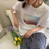 Christmas Gift BGTEEVER Vintage Landscape Painting Women T-shirt Casual Short Sleeve Cotton Women White Tees Round-neck Female Tops 2021 Summer
