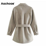 Christmas Gift Women Chic Wool Coats With Belt 2021 Solid Long Sleeve Pockets Shirt Jackets Outerwear Turn Down Collar Elegant Coat