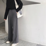 Christmas Gift Korean Loose Solid Wide Leg Pants Woman Stylish High Waist Slim Gray Pants Ladies Nordic Pocket Button Temperament Pants Women