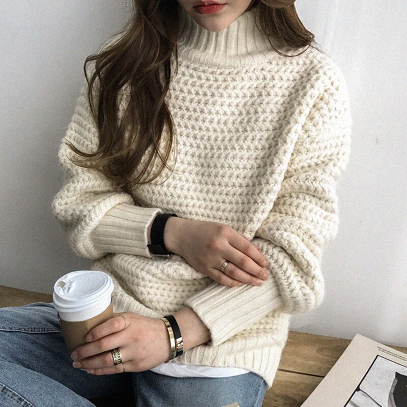 Kukombo Elegant Turtleneck Thick Women Sweater Winter Striped Jumpers Female Brief Loose Knit Pullovers 2022 Warm Sweater Tops