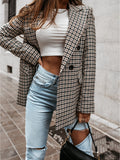 Kukombo Office Ladies Notched Collar Plaid Women Blazer Double Breasted Autumn Jacket Casual Pockets Female Suits Coat