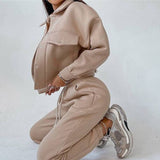 Kukombo  Women Casual Two Piece Sets Autumn Winter Fashion Female Warm Suits Turn-Down Collar Jacket And Drawstring Trouser Tracksuits