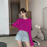 Kukombo Long Sleeve T-Shirts Women Spring Solid Loose Crop Top Sexy New Trendy Leisure Girls T-Shirt Korean Stylish Teens All-Match Chic