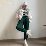 Kukombo Winter Chic Green Casual Women Trousers Fashion High Waist Pencil Pants Lady Elegant Slim Full Length Female Sweatpants