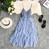 Strap Flyffy Dress Women Knit Halter Stitching Mesh Cupcake Dress Solid Color Sundress Lady Sexy Beach Party Robe Club Wear