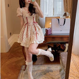 Kukombo Floral Lace Dress Mori Girl Style Elegant Puff Sleeve Bandage Kawaii Fairy Princess Mini Short Dresses Woman 2023