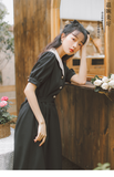 Kukombo French Elegant Dress Women Summer Simple Generous Solid Color Vestido 2022 New Petal Lapel Sweet Cute Bow Tie Kawaii Dresses