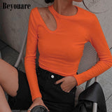Kukombo Sexy Hollow Out Women T Shirt Casual Round Neck Long Sleeve Skinny Cropped Tops 2022 Autumn Solid Elegant Basic Tees