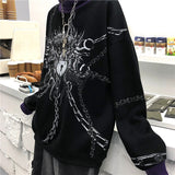 Kukombo Gothic Printing Contrast High Collar Long Sleeve Couple Grunge Outfit Style Men's Hoodies Leisure Style Loose Hoodie Chain