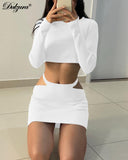 Kukombo ribbed hollow out women 2 piece set crop top long sleeve button mini skirt bodycon sexy streetwear spring autumn co ords