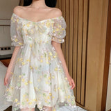 Kukombo French Floral Dress Women Sexy Puff Sleeve Lace Chiffon Print Mini Dress Women Summer Korean Style Vintage Fairy Dress New 2023