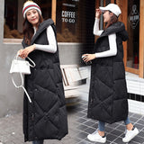 Christmas Gift Extra Long Vest Women Winter Hooded Warm Sleeveless Jackets Solid Bodywarmer Cotton Padded Gilet Long Femme