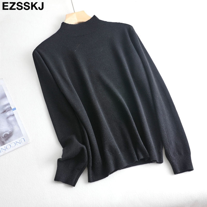 Christmas Gift Basic Loose soft solid color turtleneck Sweater Pullover Women Casual Long Sleeve chic bottom Sweater Female Jumpers top