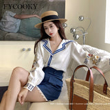 Kukombo 2022 Autumn New Short Sets Women Navy Collar Printed Long Sleeved Shirt + Lace Stitching Shorts Two-Piece Suit Female