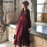 Christmas Gift BGTEEVER Elegant Polka Dots Print Women Chiffon Dress Vintage Loose Long Dress Lace-up Female A-line Vestidos femme  Spring