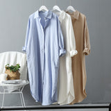 Christmas Gift Women Shirt Dress Cotton Linen Full Sleeve Casual Loose Spring Clothing Solid Color Button Up Calf-Length Dress