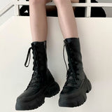 Kukombo Black Leather Women's Mid Calf Boots 2022 Autumn Winter Goth Platform Shoes Designer Harajuku Punk Footwear
