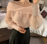 Kukombo Slash Neck Long Sleeve Shirt Women Elegant Temperament Korean Chic Blouse See Through All-match Tops Blusas Mujer 3e089