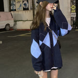 Kukombo Cardigan Women Geometric V-Neck Long Sleeve Knitted Sweaters Baggy Korean Style Retro Leisure Students Ins Chic Fall Elegant