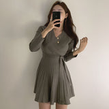 Kukombo Stylish V-neck Lace Up Knitted Dress Women Full Sleeve Office Ladies A Line Sweater Dress Female Knitting Vestidos