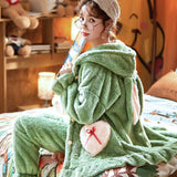 Kukombo Christmas Gift Winter Pajamas Female Facecloth Nightgown Female Thickened Long Paragraph Cute Sweet Korean Version of The Home Furnishing Suit