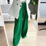 Kukombo Autumn Green Casual Womens Trouser Suits Fashion Loose Pleated Office Ladies Pants Vintage High Waist Pants For Women