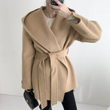 Christmas Gift Women Solid Color Wool Coats With Belt Long Sleeve Hooded Pockets Coats Female Chic Elegant Outerwear