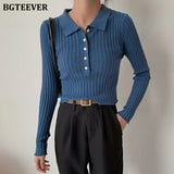 Christmas Gift BGTEEVER Elegant Turn-down Collar Single-breasted Women Sweaters Autumn Full Sleeve Slim Short Female Knitting Tops 2021