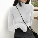 Kukombo Women's Soft Fleece Turtleneck Shirt Solid Long Sleeve Velvet T-Shirt Autumn Fitness Vintage Girls Bottom Tops Women Clothing
