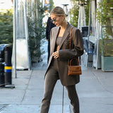 Kukombo Office Wear Single Button Blazer Coat Women Fashion Vintage Brown Long Sleeve Pockets Female Outerwear Autumn